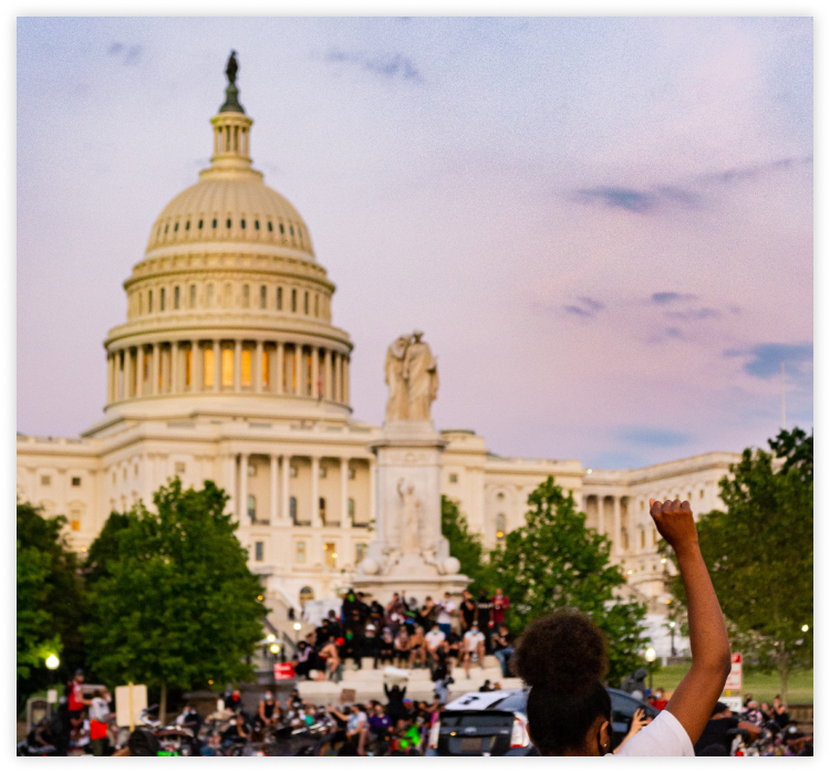 Protestor holds up fist at US Capitol.